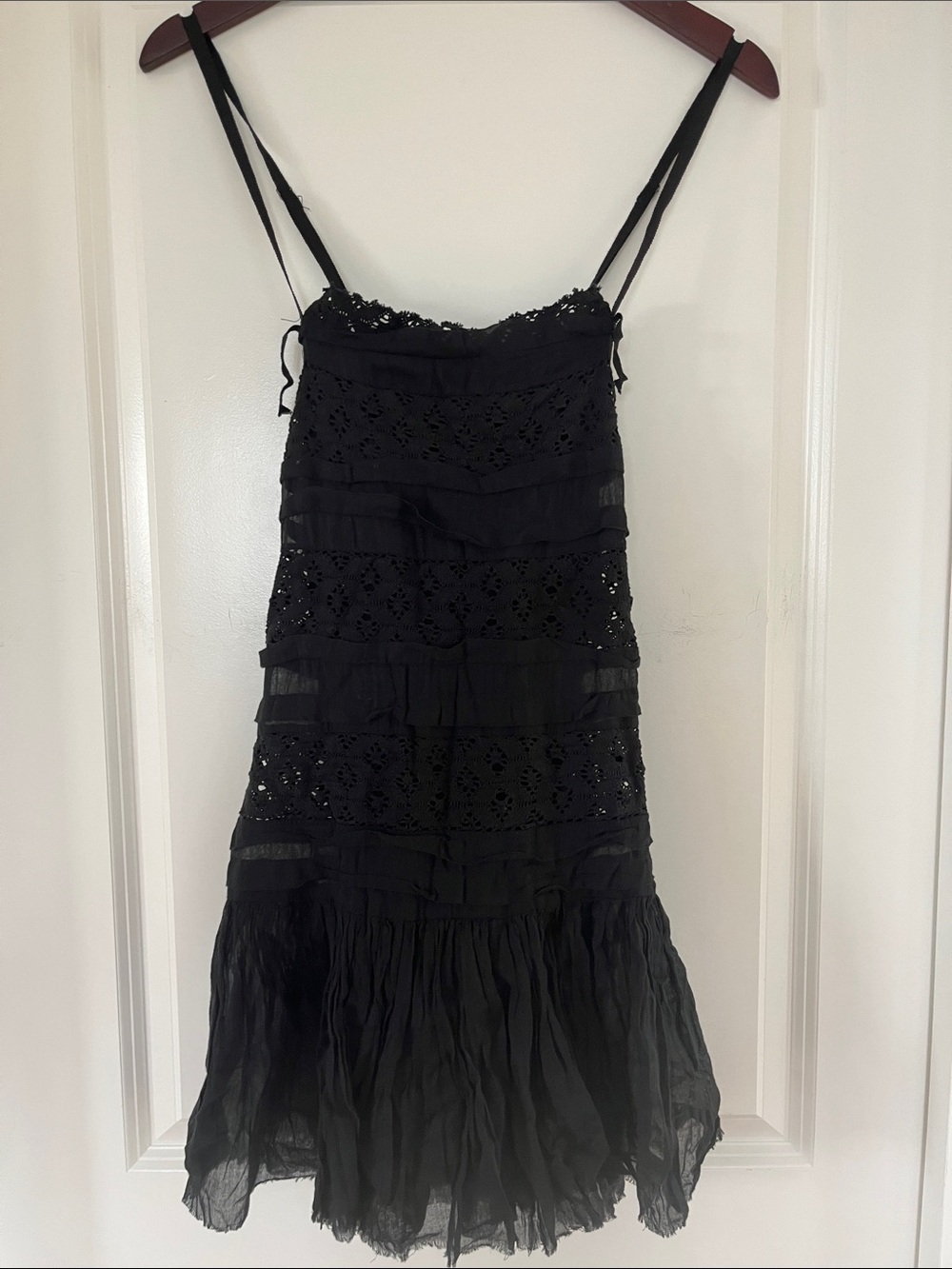 New Free People FP One Black Eyelet Tiered Spaghetti-Strap Dress S